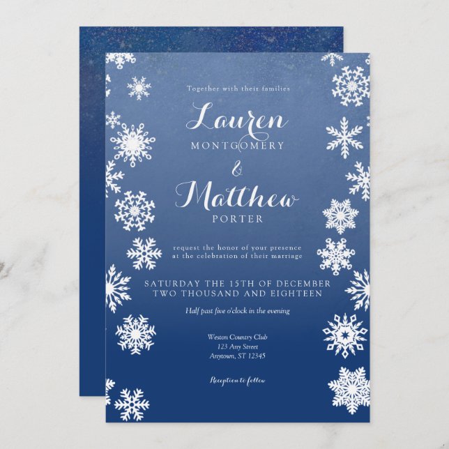 White and Navy Winter Snowflake Wedding Invitation (Front/Back)