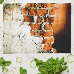 White and orange Broken brick wall Tea Towel