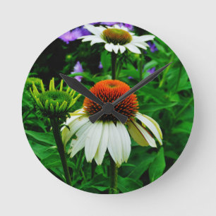 White and Orange ConeFlowers Round Clock