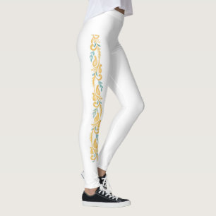 White and Orange Damask Scrollwork Floral Pattern Leggings
