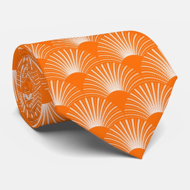 White and Orange Floral Art Deco Pattern Tie (Rolled)