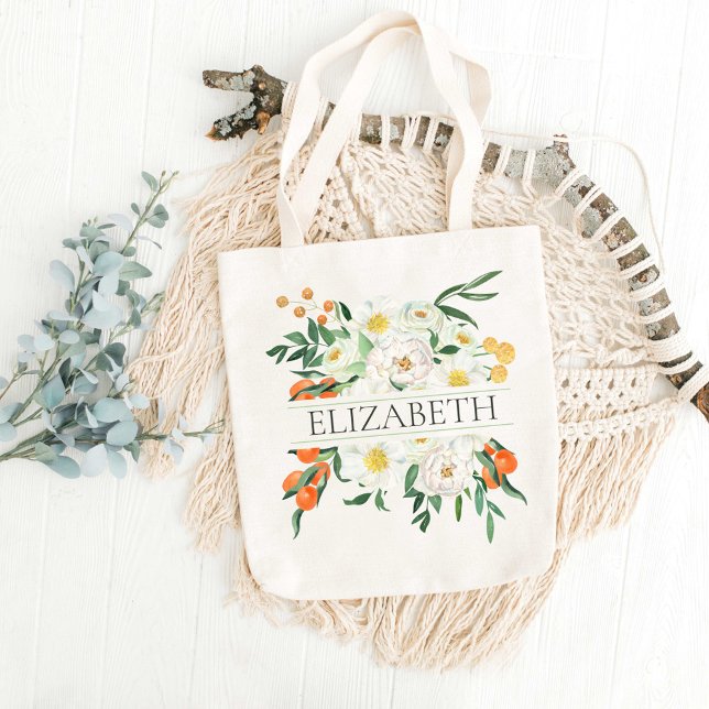White and Orange Floral Bridesmaid Monogram Name Tote Bag (Creator Uploaded)