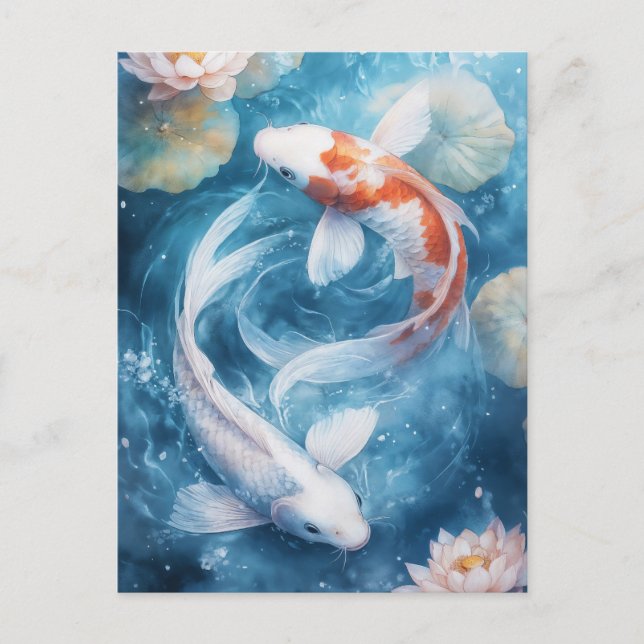 White and Orange Koi Fish Swirling in Lotus Pond Postcard (Front)