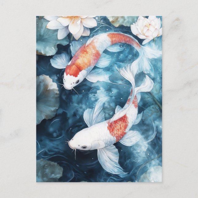White and Orange Koi Fish Swirling in Lotus Pond Postcard (Front)