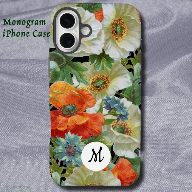 White and Orange Poppies on Black Initial Floral Case-Mate iPhone Case (White and Orange Poppies on Black Initial Floral Case-Mate iPhone Case)
