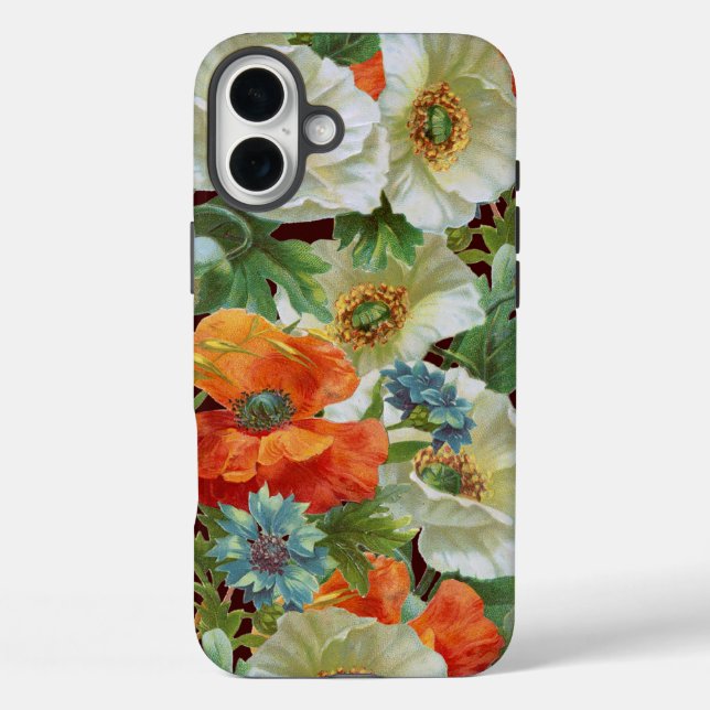 White and Orange Poppies on Brown Floral Case-Mate iPhone Case (Back)