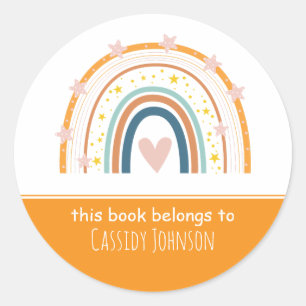White and orange rainbow kids name  classic round sticker