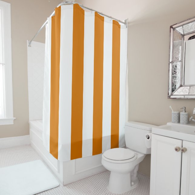 White and Orange Vertical Stripes Shower Curtain (In Situ)