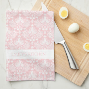 White and Pale pink vintage floral damasks pattern Tea Towel
