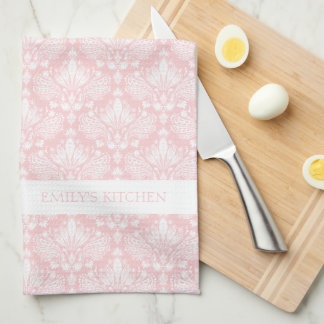 White and Pale pink vintage floral damasks pattern Tea Towel