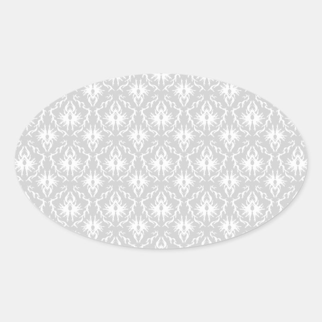 White and Pastel Grey Damask Design. Oval Sticker (Front)