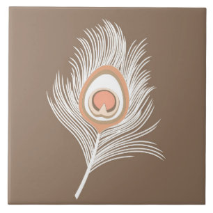 White and Peach Peacock Feather on Taupe Tan Tile