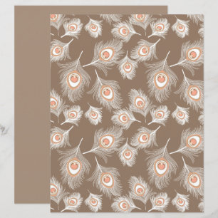 White and Peach Peacock Feathers on Taupe Tan