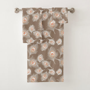 White and Peach Peacock Feathers on Taupe Tan Bath Towel Set