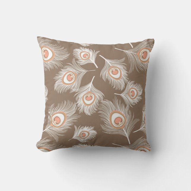 White and Peach Peacock Feathers on Taupe Tan Cushion (Front)