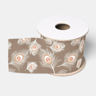 White and Peach Peacock Feathers on Taupe Tan Grosgrain Ribbon