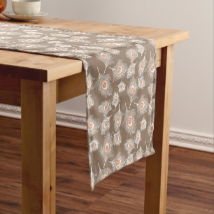 White and Peach Peacock Feathers on Taupe Tan Short Table Runner