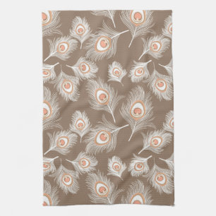 White and Peach Peacock Feathers on Taupe Tan Tea Towel