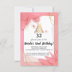 white and pink 32nd birthday invitation