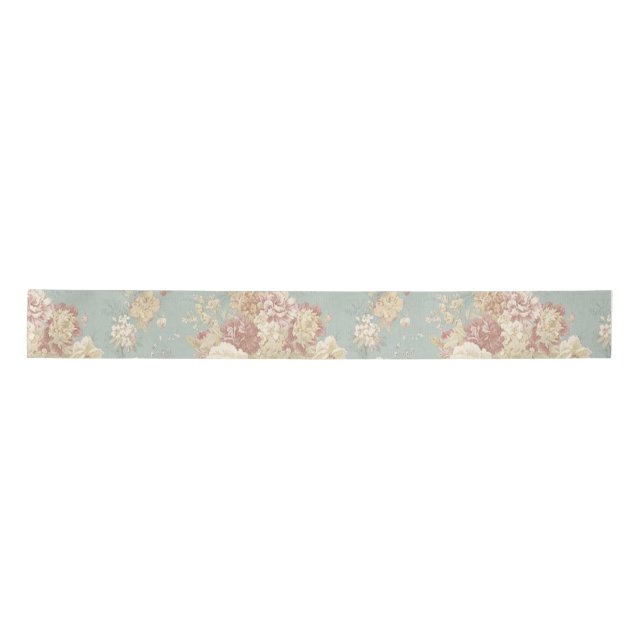 White and Pink Blush Roses on Blue background  Satin Ribbon (Front)