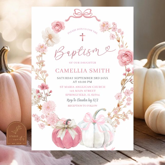 White and Pink Bow Coquette Pumpkin Baptism Invitation (Creator Uploaded)