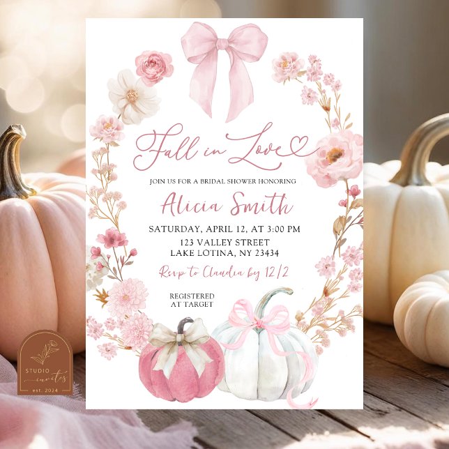 White and Pink Bow Coquette Pumpkin Floral Bridal  Invitation (Creator Uploaded)