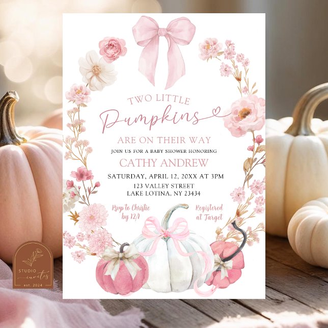  White and Pink Bow Coquette Twins Pumpkin Floral  Invitation (Creator Uploaded)