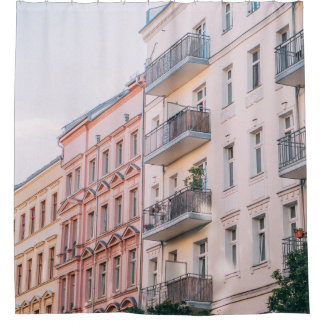 WHITE AND PINK BUILDINGS SHOWER CURTAIN