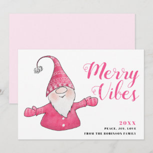 White and Pink Cute Gnome Merry Vibes Christmas Holiday Card
