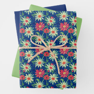 White and Pink Daisies, Blue and Green Wrapping Paper Sheet