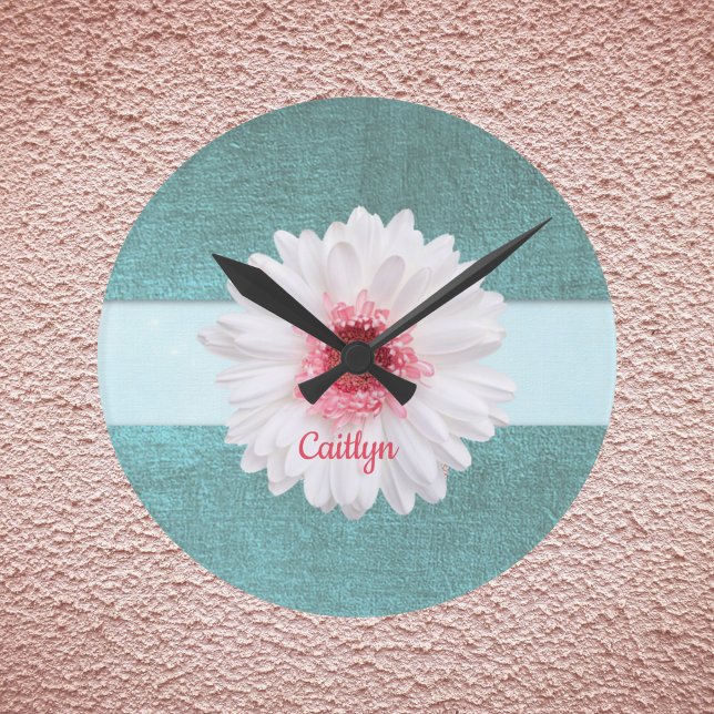White and Pink Daisy on Turquoise Round Clock (Creator Uploaded)