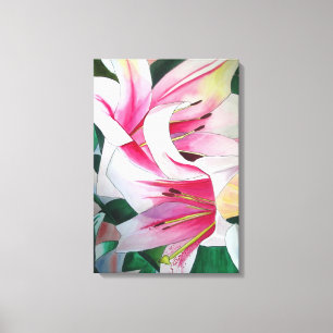 White and Pink day lily flower watercolor art Canvas Print