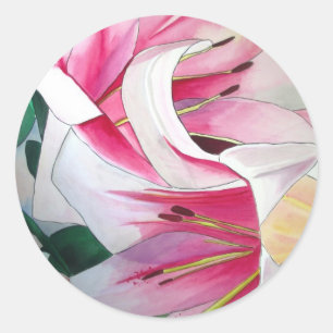 White and Pink day lily flower watercolor art Classic Round Sticker