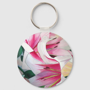 White and Pink day lily watercolor art flower Key Ring