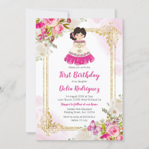 White and Pink Dress Mexican Girl First Birthday 1 Invitation