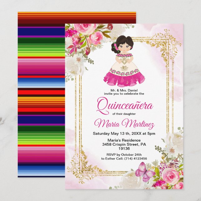 White and Pink Dress Mexican Girl Quinceanera 1 Invitation (Front/Back)