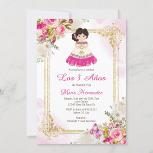 White and Pink Dress Mexican Girl Third Birthday 1 Invitation