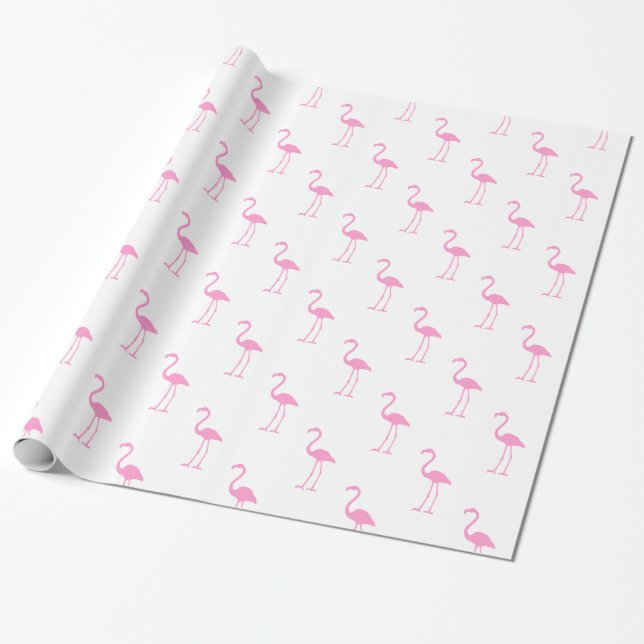 White and Pink Flamingo Pattern Wrapping Paper (Unrolled)