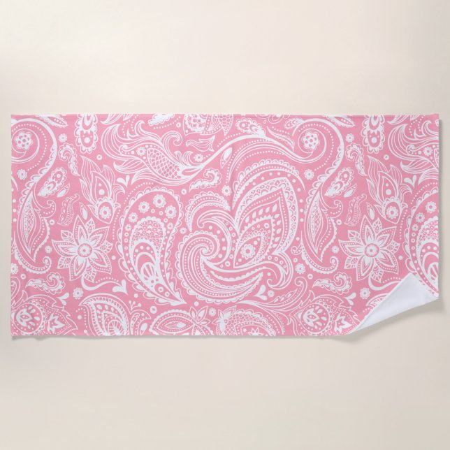White And Pink Floral Paisley Pattern Beach Towel (Front)