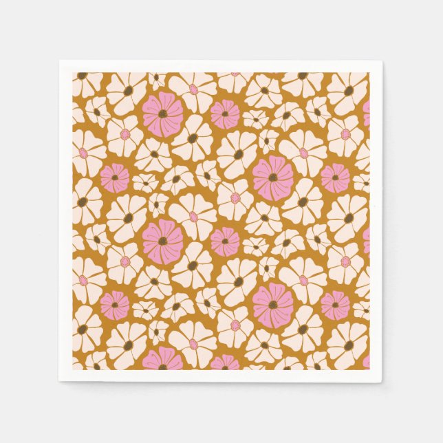 White and pink floral pattern on caramel brown napkin (Front)