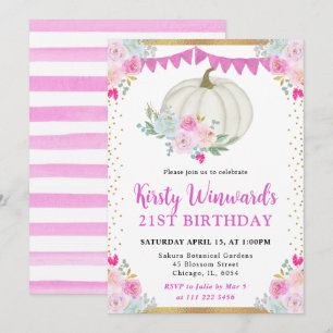 White and Pink Floral Pumpkin Fall 21st Birthday Invitation