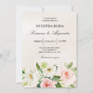 White and pink  Floral Spanish Wedding beige Invitation