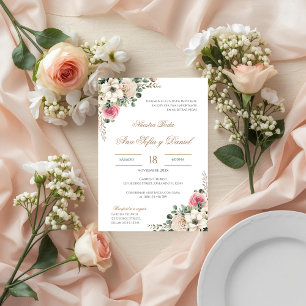 White and pink floral Spanish wedding Invitation