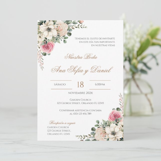 White and pink floral Spanish wedding Invitation (Standing Front)