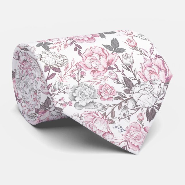 White and Pink Floral  Tie (Rolled)