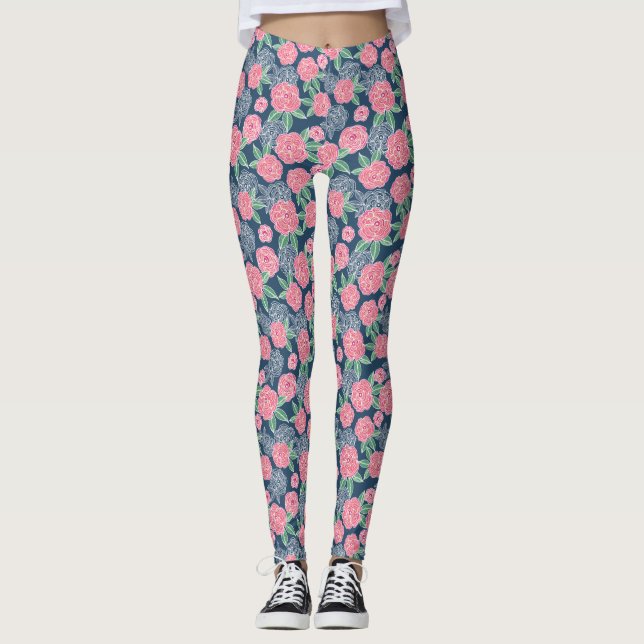 White and pink flower navy blue leggings (Front)