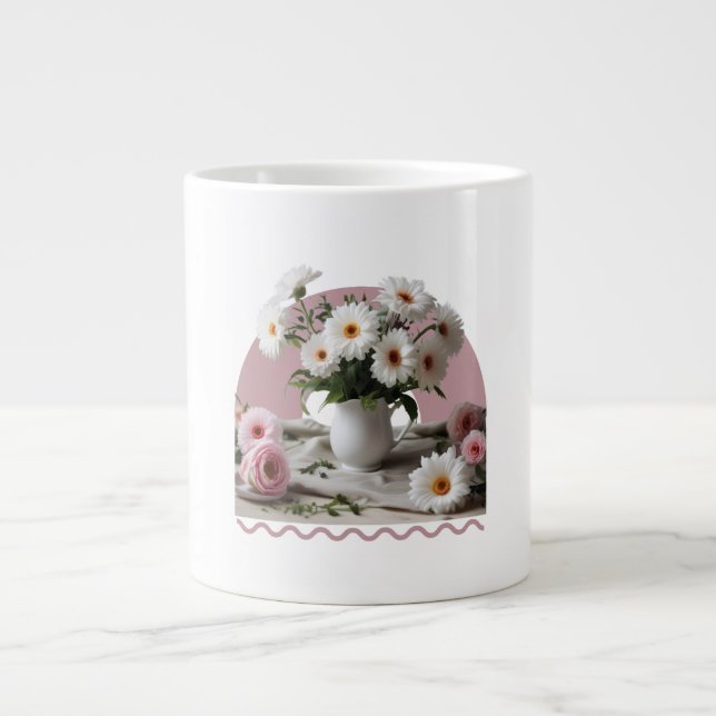 White and Pink Flowers Large Coffee Mug (Front)