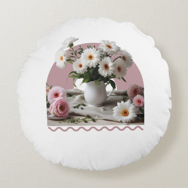 White and Pink Flowers Round Cushion (Front)