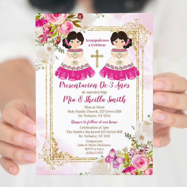 White and Pink Girl Twin Presentacion De 3 Años Invitation (Creator Uploaded)