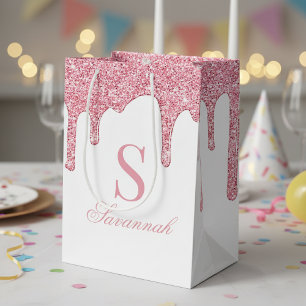 White and Pink Glitter Drips Sparkle Monogram Medium Gift Bag